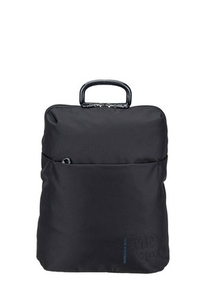 Black fabric briefcase with top handle, front pocket, and two zipper pulls, standing upright on a white background.