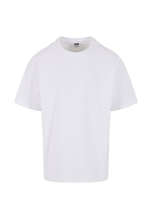 T-shirt en coton blanc avec un col rond, des manches courtes et un ourlet droit. Le tissu semble lisse avec une coupe classique et décontractée.
