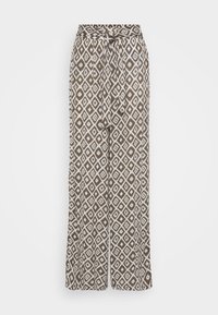 Pantalons larges à motifs marron avec un design en diamants blancs, dotés d'une taille nouée et d'un tissu léger pour plus de confort.