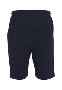 Pantaloni corti in cotone blu navy con vita elastica, tasche laterali e una tasca posteriore; texture liscia e vestibilità comoda.
