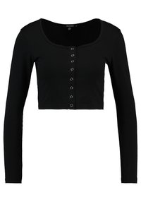 Czarny krótki top z długim rękawem, wykonany z miękkiego materiału, z dekoltem w serek i przednim zapięciem na guziki z zatrzaskami w srebrnym kolorze.