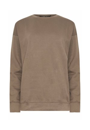 Bruine lange mouwen sweatshirt met een ronde hals, textuurstof, geribde manchetten en een rechte zoom. Eenvoudig ontwerp, geen patronen of accenten.