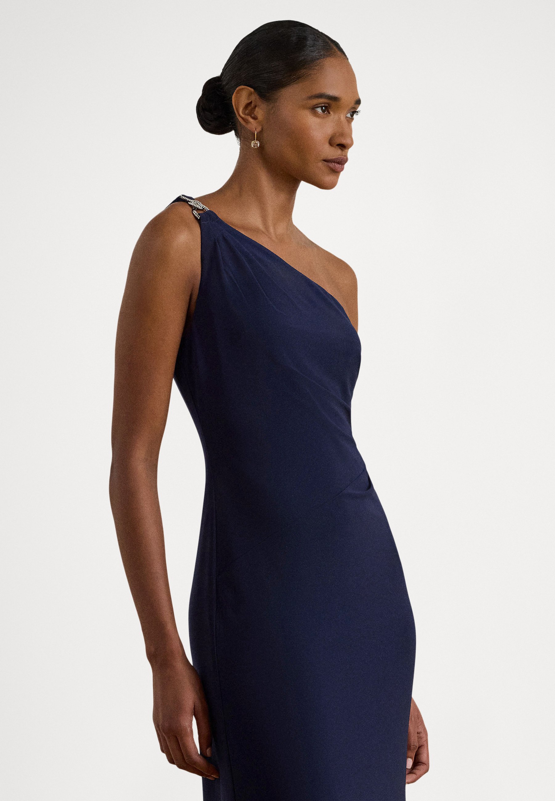 open lace back dress Ralph Lauren One Shoulder Navy Dress Rental