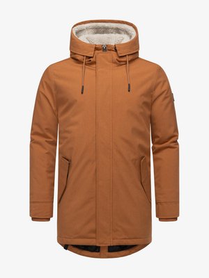 Rjava parka jakna z mehko obloženim kapuco, sprednjim zadrgo, dvema stranskima žepoma in elastičnimi manšeti. Ima gladko zunanjo teksturo in daljši hrbtni del.