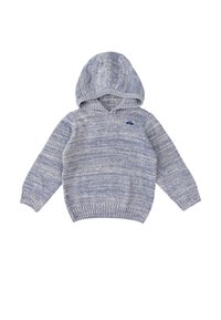 Sudadera con capucha en punto mezcla azul y gris, con dobladillo y puños de canalé, y un pequeño logo en el pecho. Tejido suave y texturizado.