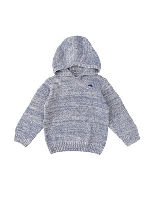 Sudadera con capucha en punto mezcla azul y gris, con dobladillo y puños de canalé, y un pequeño logo en el pecho. Tejido suave y texturizado.