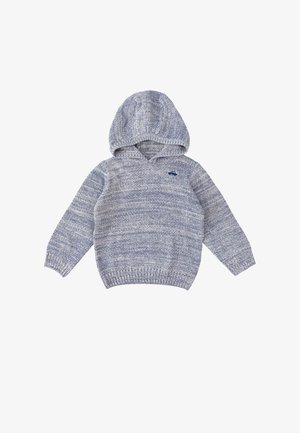 Sweat à capuche en tricot mélange bleu et gris, avec un ourlet et des poignets côtelés, et un petit logo sur la poitrine. Tissu doux et texturé.