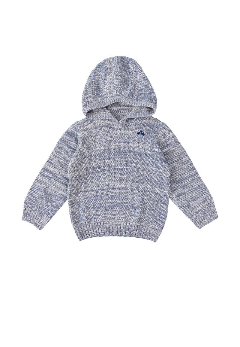 Sudadera con capucha en punto mezcla azul y gris, con dobladillo y puños de canalé, y un pequeño logo en el pecho. Tejido suave y texturizado.