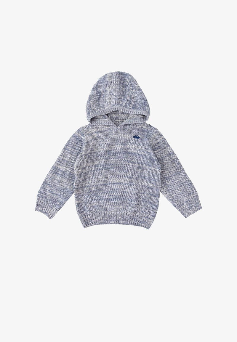 Sudadera con capucha en punto mezcla azul y gris, con dobladillo y puños de canalé, y un pequeño logo en el pecho. Tejido suave y texturizado.