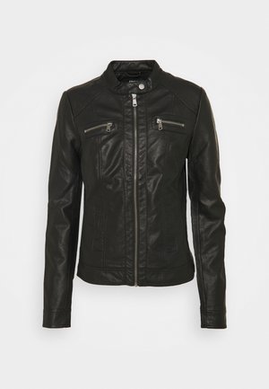 Black leather jacket with a zip front, structured collar, two zippered chest pockets, and stitched detailing on the sleeves and sides.