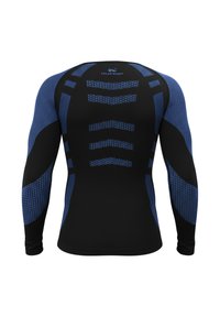 Long-sleeve athletic shirt in black with blue accents. Features textured patterns on sleeves and back, made from a flexible, breathable material.
