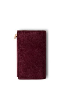 Rectangular dark red textured wallet with a gold zipper pull tab on white background, shown closed from the front.