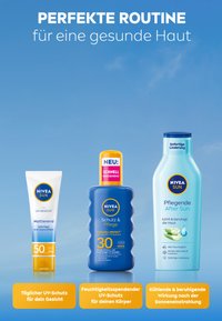 Nivea Sun skincare products arranged with SPF 50 facial sunscreen, SPF 30 body lotion, and after-sun soothing lotion against blue sky.