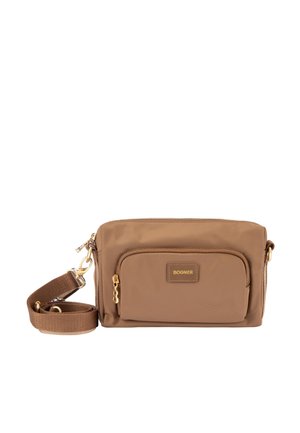 Borsa a tracolla rettangolare marrone con tasca frontale con zip, cursori dorati, tracolla in tessuto regolabile e patch con logo Bogner sulla tasca.