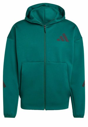 Green zip-up hoodie made of soft fabric, featuring a large front pocket, two black diagonal stripes on the sleeves, and a drawstring hood.