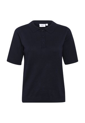 Navy blue polo shirt with short sleeves, collar, and three-button placket. Made of soft cotton blend fabric with a ribbed hem.