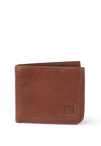 Portefeuille en cuir marron avec une texture lisse, des bords cousus et un logo en relief. Il dispose d'un design pliable pour ranger les cartes et l'argent.