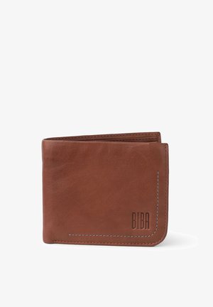 Brown leather wallet with a smooth texture, stitched edges, and embossed logo. Features a bifold design for storing cards and cash.