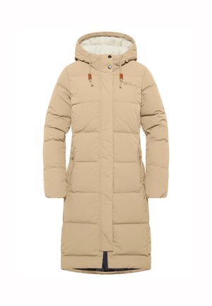 Beige gepolsterter langer Mantel mit Kapuze, ausgestattet mit einem weichen Innenfutter, zwei Seitentaschen und Zugbändern an der Kapuze zur Anpassung.