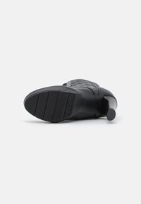 Zapato de tacón alto negro con un upper texturizado, un tacón liso y una suela de goma estriada con surcos horizontales para mayor agarre.