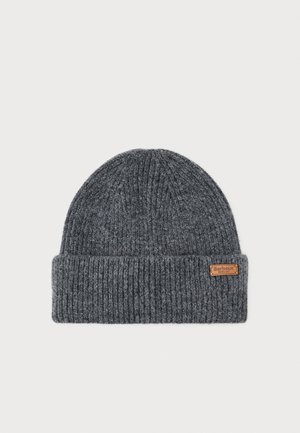 Gray knitted beanie with a ribbed texture, featuring a folded hem and a small brown leather logo tag on the side.