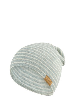 Light gray and white striped knit beanie with small brown stitched brand tag on the side.