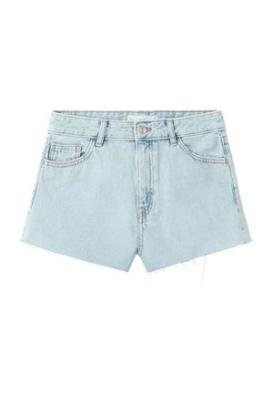 Shorts en denim bleu clair avec ourlets effilochés, bouton à l'avant, fermeture éclair, passants pour ceinture et trois poches avant.