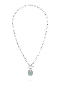 Zilveren ketting met verlengde schakels, voorzien van een sluiting met een schuifslot en een octagonaal mintgroen hanger.