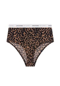 Culotte taille haute à imprimé léopard avec une ceinture élastique noire affichant le texte "LOVE STORIES OH APRIL" en blanc. Tissu doux et extensible.