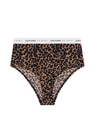 Tigre-print høy midje undertøy med svart elastisk linning som har teksten "LOVE STORIES OH APRIL" i hvitt. Myk, elastisk stoff.