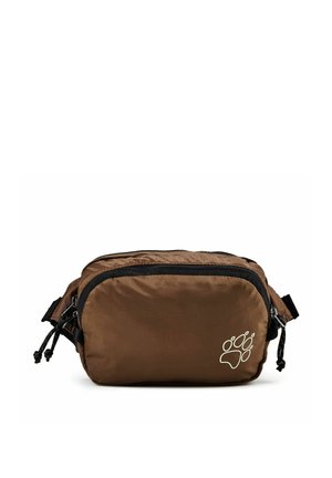 Brown waist bag with black zippers and a white paw print logo on the front pocket, displayed against a white background.