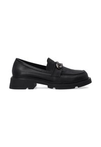 Schwarze Lederloafers mit einem runden, silbernen Hardware-Akzent, niedrigem, dicken Absatz und glatter Textur. Sie besitzen ein klassisches Design und klare Linien.
