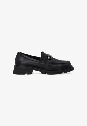Black leather loafers with a round, silver hardware accent, low chunky heel, and smooth texture, featuring a classic design and clean lines.