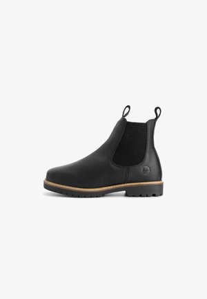 Schwarze Leder Chelsea-Stiefel mit elastischem Seiteneinsatz, Zuglaschen, braunem Rand und strukturiertem Gummisohle, von der Außenseite gezeigt.