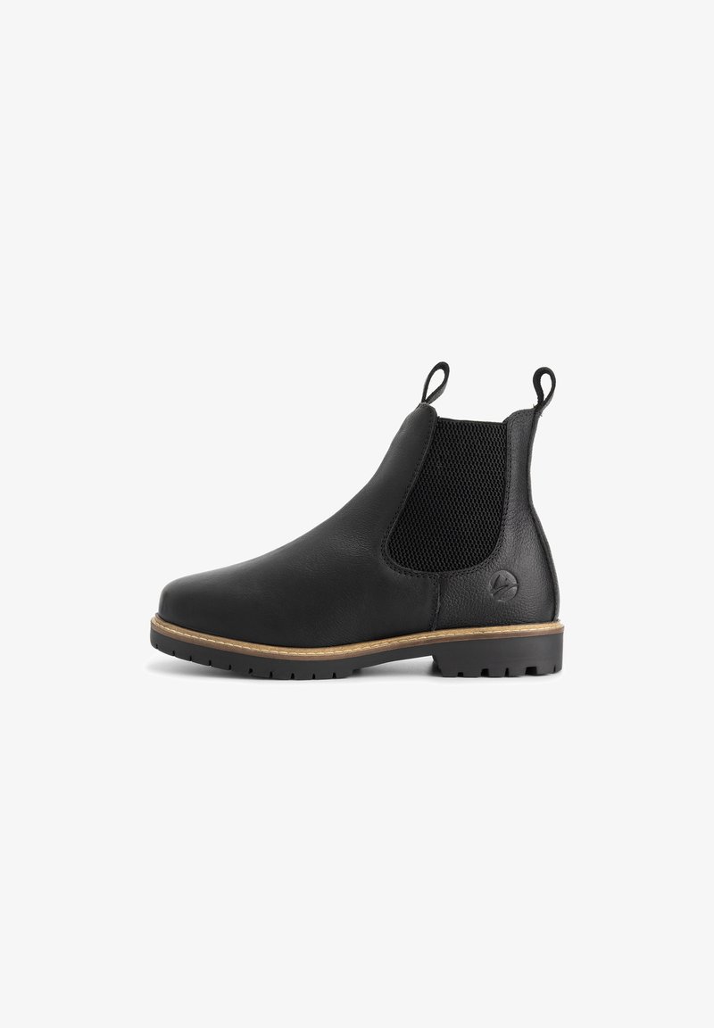 Botte Chelsea en cuir noir avec panneau élastique sur les côtés, tirettes, coussinet marron et semelle en caoutchouc texturé, vue de l'extérieur.