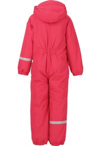 Vaatevaaleanpunainen pehmustettu toppapuku huppulla, jossa on joustavat hihansuut ja nilkat. Sisältää heijastinnauhoja hihoissa näkyvyyden lisäämiseksi.