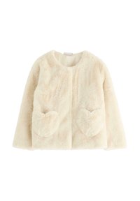 Faux-Fur-Jacke in Creme mit Rundhals, herzförmigen Taschen und weicher Textur. Verfügt über lange Ärmel und eine lockere Passform.