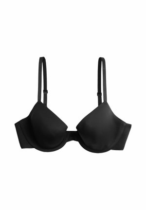 Sort push-up-bh med bøjle, justerbare skulderstropper og glatte, formstøbte skåle på hvid baggrund.