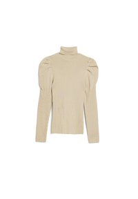 Beżowy sweter typu golf z prążkowanego materiału, z długimi bufiastymi rękawami i dopasowanymi mankietami, leżący płasko na białym tle.