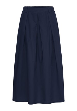 Mørkeblå, højtaljet midi-nederdel med forreste læg og elastisk taljebånd, lavet af glat, letvægtstof.