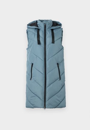 Sleeveless puffer vest in light blue with a zip front, black zipper pockets, and chevron quilted pattern. Features a hood and contrasting inner lining.