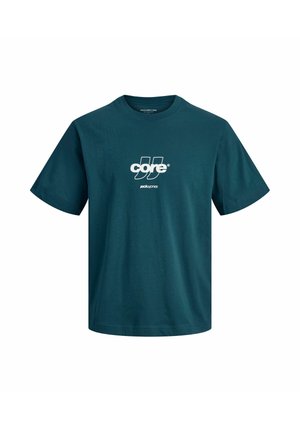 Turkooise katoenen T-shirt met korte mouwen en ronde hals, voorzien van een wit logo met tekst in het midden. Gladde textuur, comfortabele pasvorm.