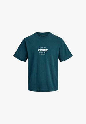 Turkooise katoenen T-shirt met korte mouwen en ronde hals, voorzien van een wit logo met tekst in het midden. Gladde textuur, comfortabele pasvorm.