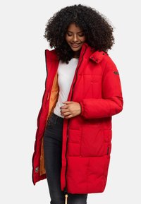 Red padded winter coat with a zippered front, elastic cuffs, and an orange interior lining. Features a chest pocket and side pockets.