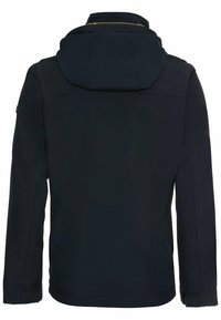 Veste bleu marine avec capuche, fabriquée en tissu lisse. Présente une coupe droite, des poignets ajustables et ne comporte aucun logo ni ornement visible.