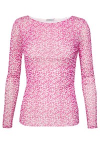 Långärmad topp i genomskinligt rosa tyg med ett vitt abstrakt mönster. Har rund halsringning och figursydd design. Lätt och strukturerad.