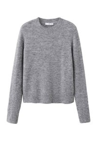 Sivkasta pleteno pulover s dolgimi rokavi, krožnim ovratnikom in rebrastim robom. Mehka tekstura in srednje težka tkanina. Brez vzorcev ali akcentov.