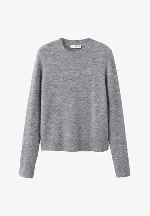 Grijze gebreide trui met lange mouwen, ronde hals en geribbelde zoom. Zachte textuur en middelzware stof. Geen patronen of accenten.