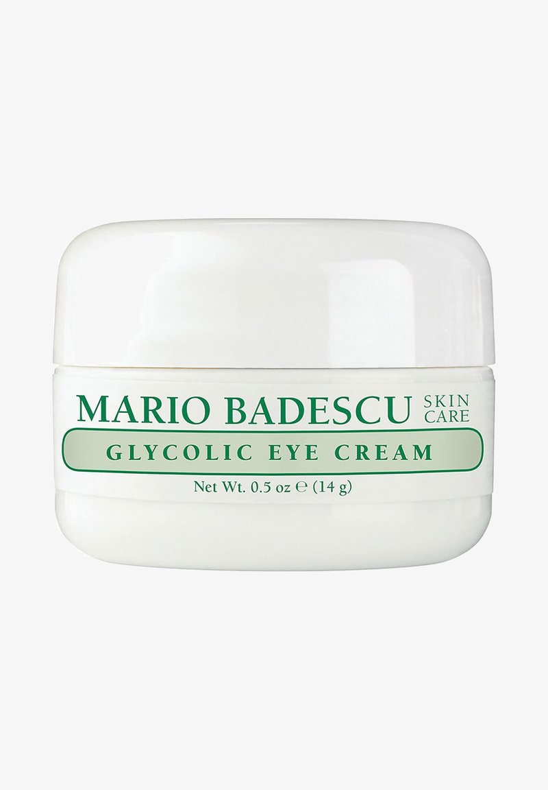 Crème pour les yeux glycolique Mario Badescu dans un pot blanc avec un texte vert, contenant 14 g (0,5 oz) de produit de soin de la peau.