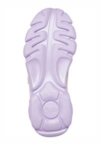 Purple rubber sole with textured patterns, ridges for traction, circular logo detail, and smooth finish. Designed for comfort and stability.